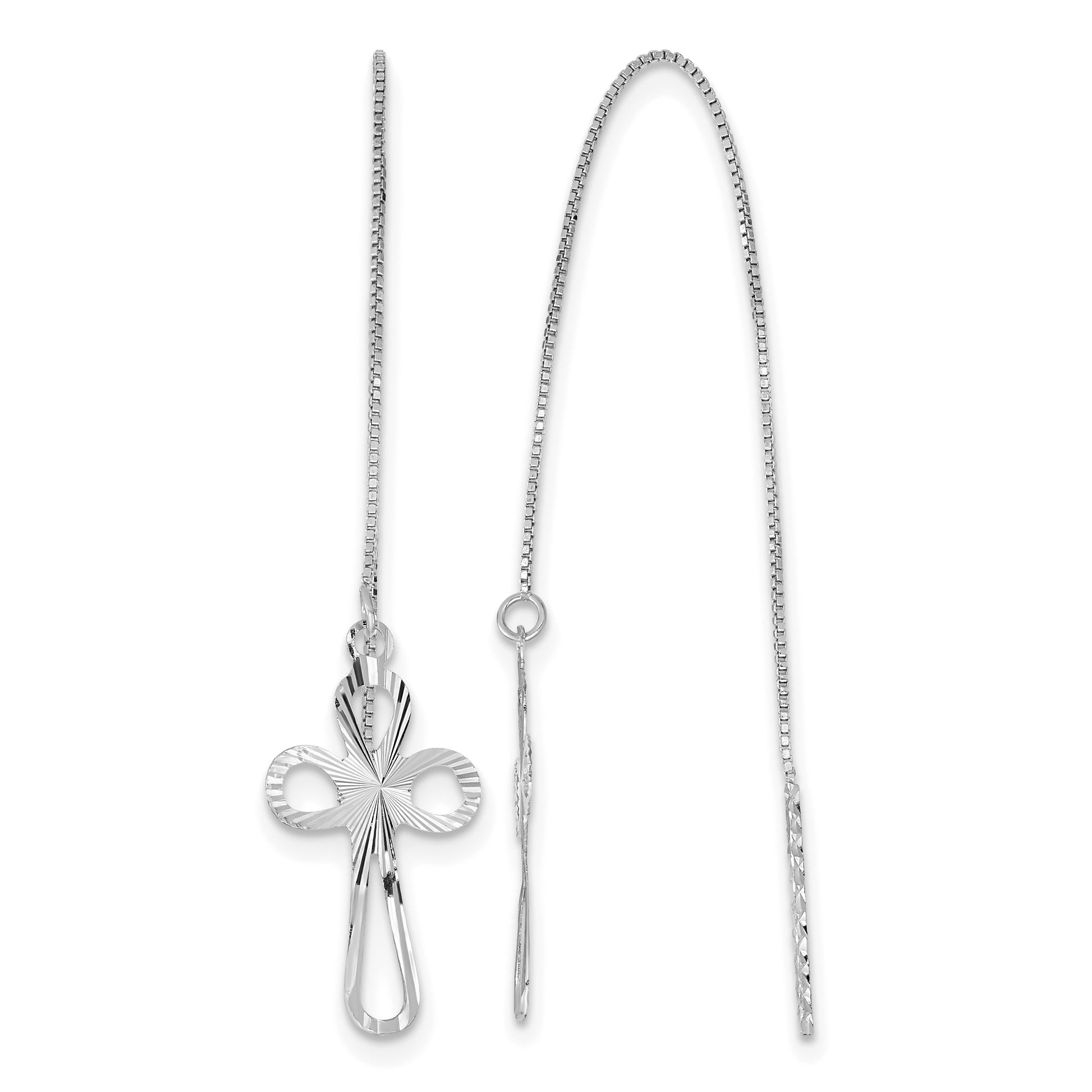 14K White Gold Polished Diamond-cut Box Chain with Cross Threader Earrings
