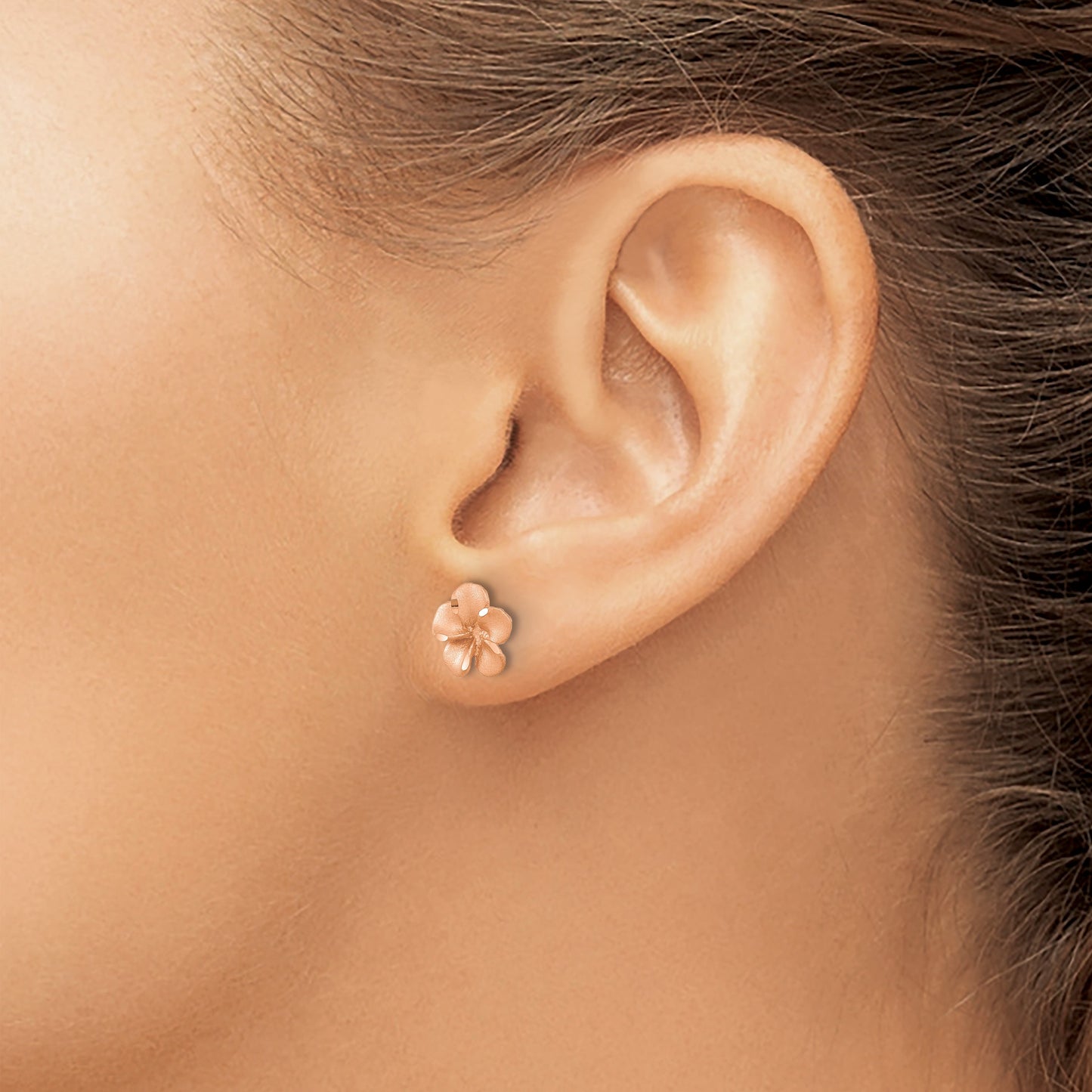14k Rose Rhodium with Yellow Gold Post Satin Diamond-cut Plumeria Earrings