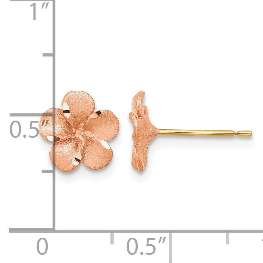 14k Rose Rhodium with Yellow Gold Post Satin Diamond-cut Plumeria Earrings