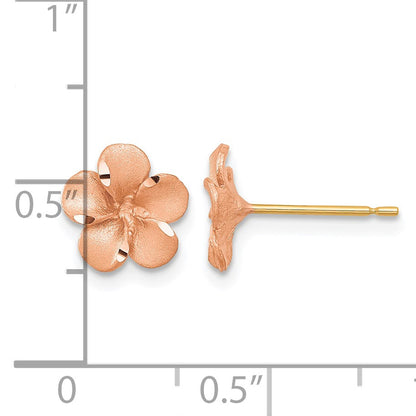 14k Rose Rhodium with Yellow Gold Post Satin Diamond-cut Plumeria Earrings