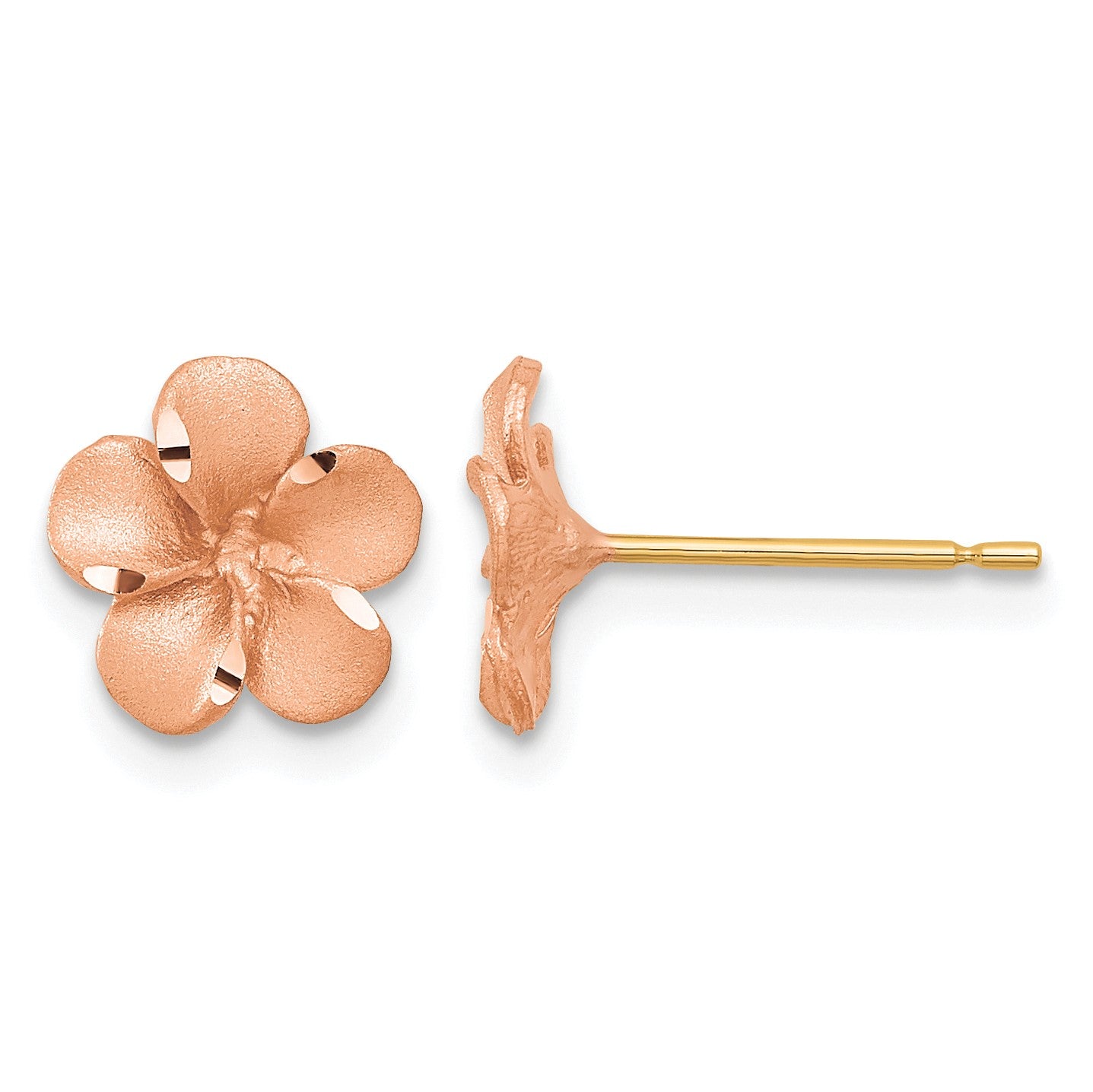 14k Rose Rhodium with Yellow Gold Post Satin Diamond-cut Plumeria Earrings