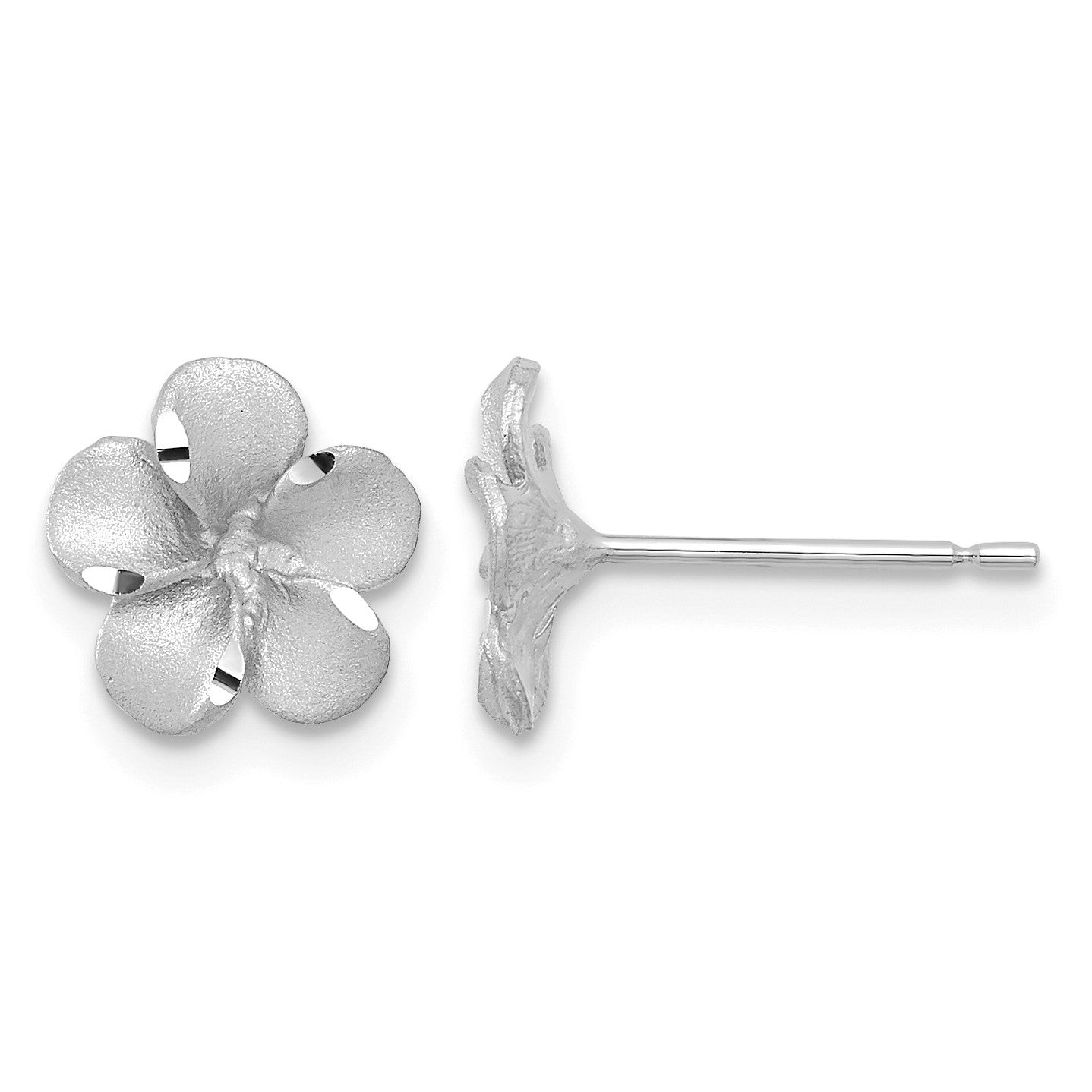 14k White Gold Satin Diamond-cut Plumeria Post Earrings