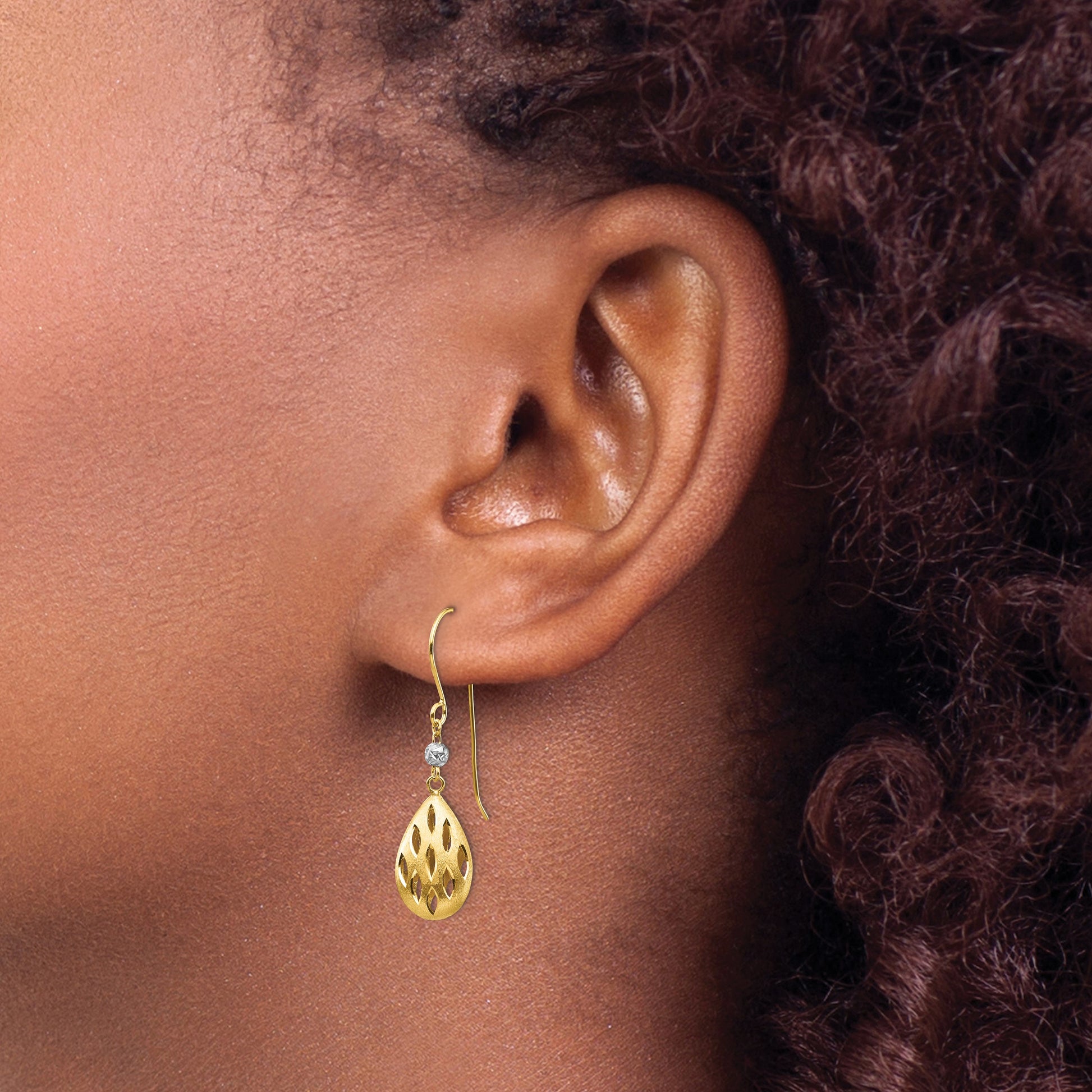 14k Two-Tone Diamond-cut Pierced Teardrop Dangle French Hook Earrings
