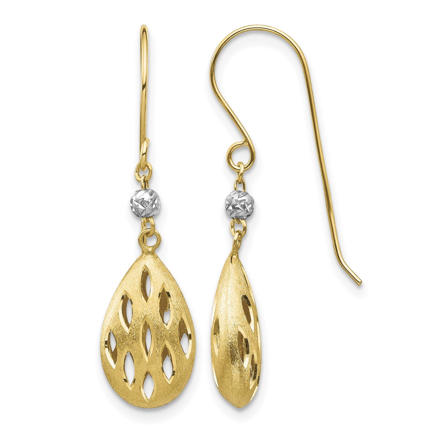14k Two-Tone Diamond-cut Pierced Teardrop Dangle French Hook Earrings