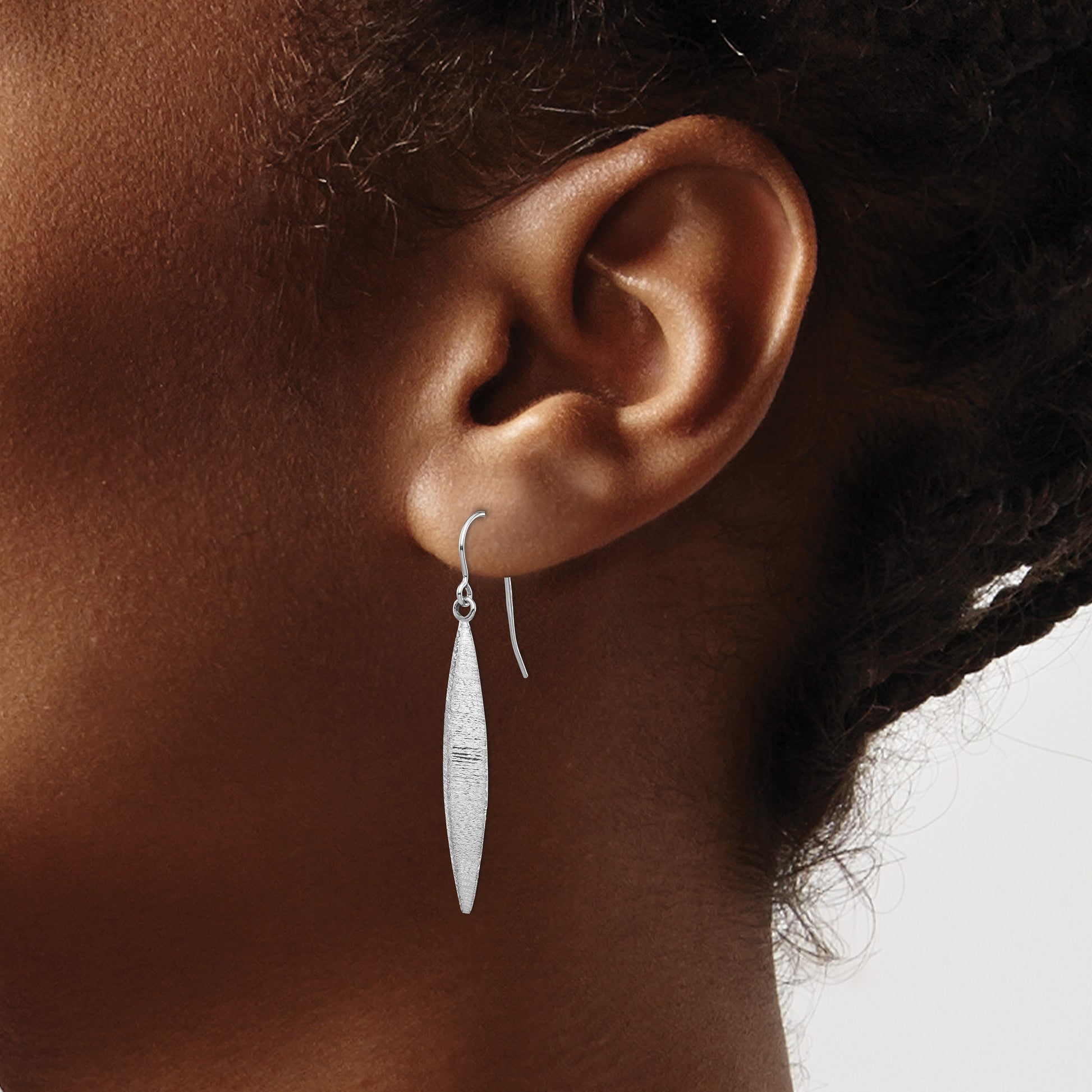 14K White Gold Brushed Pointed Oval Dangle French Hook Earrings