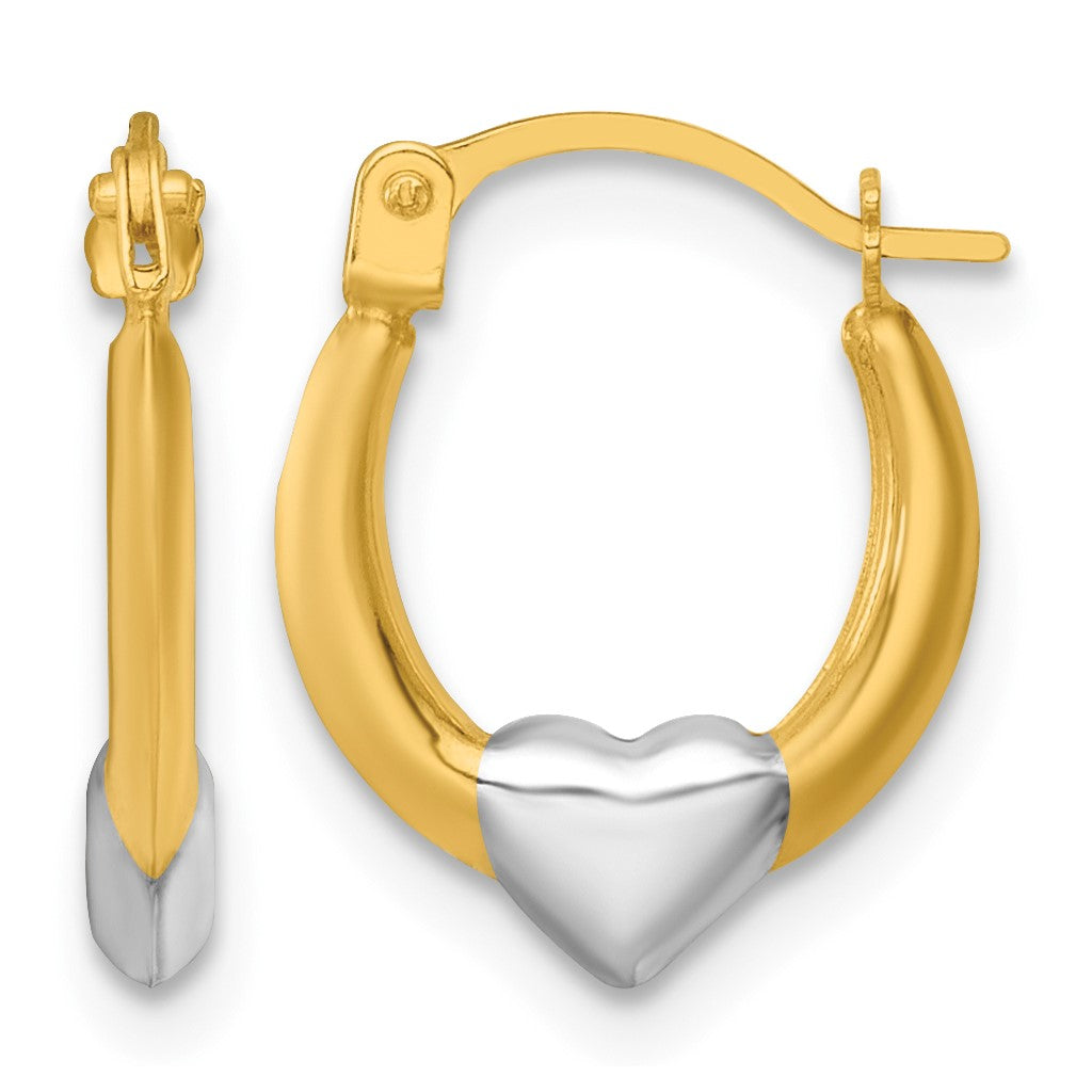 14k with White Rhodium Polished Heart Hoop Earrings