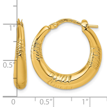 14k Polished and Textured 4.6mm x 23mm Puffed Round Hoop Earrings