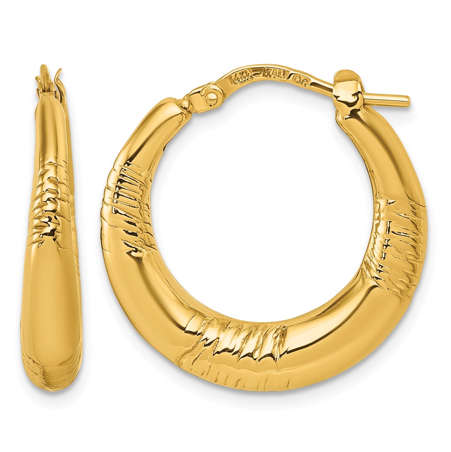 14k Polished and Textured 4.6mm x 23mm Puffed Round Hoop Earrings