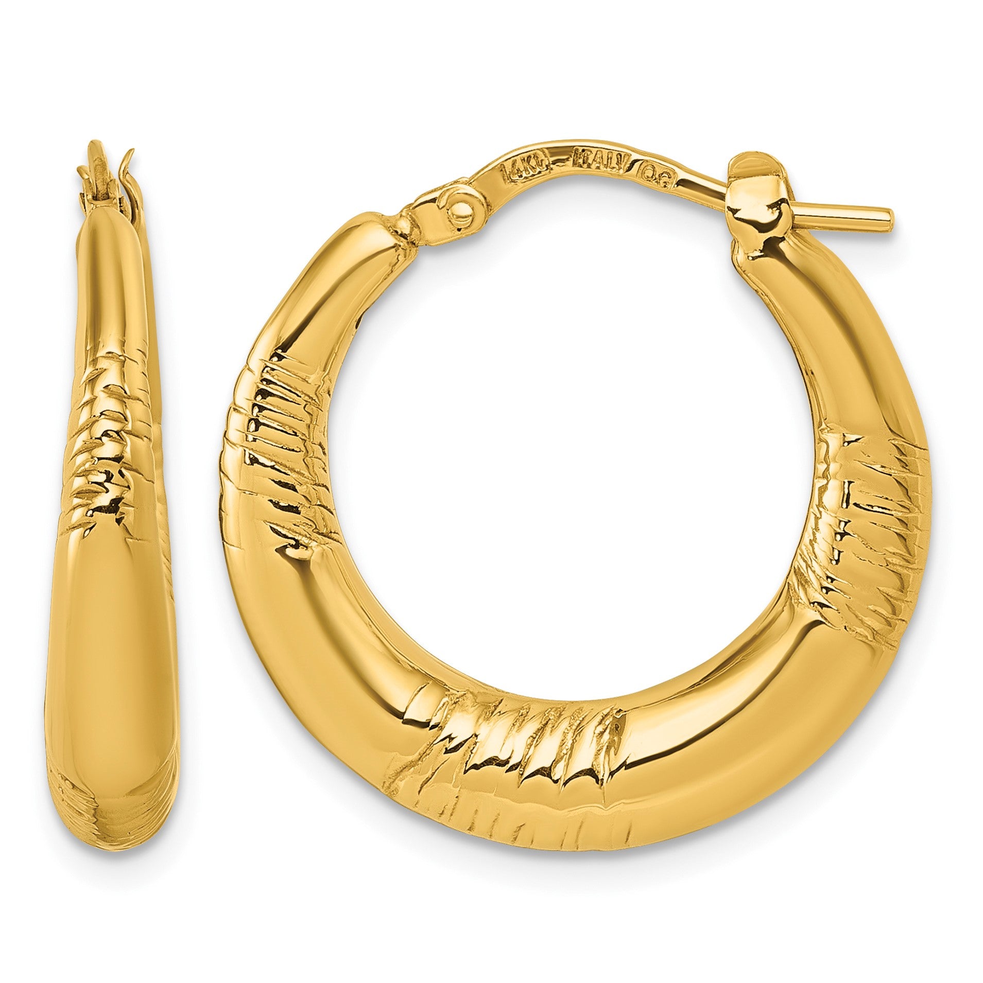 14k Polished and Textured 4.6mm x 23mm Puffed Round Hoop Earrings