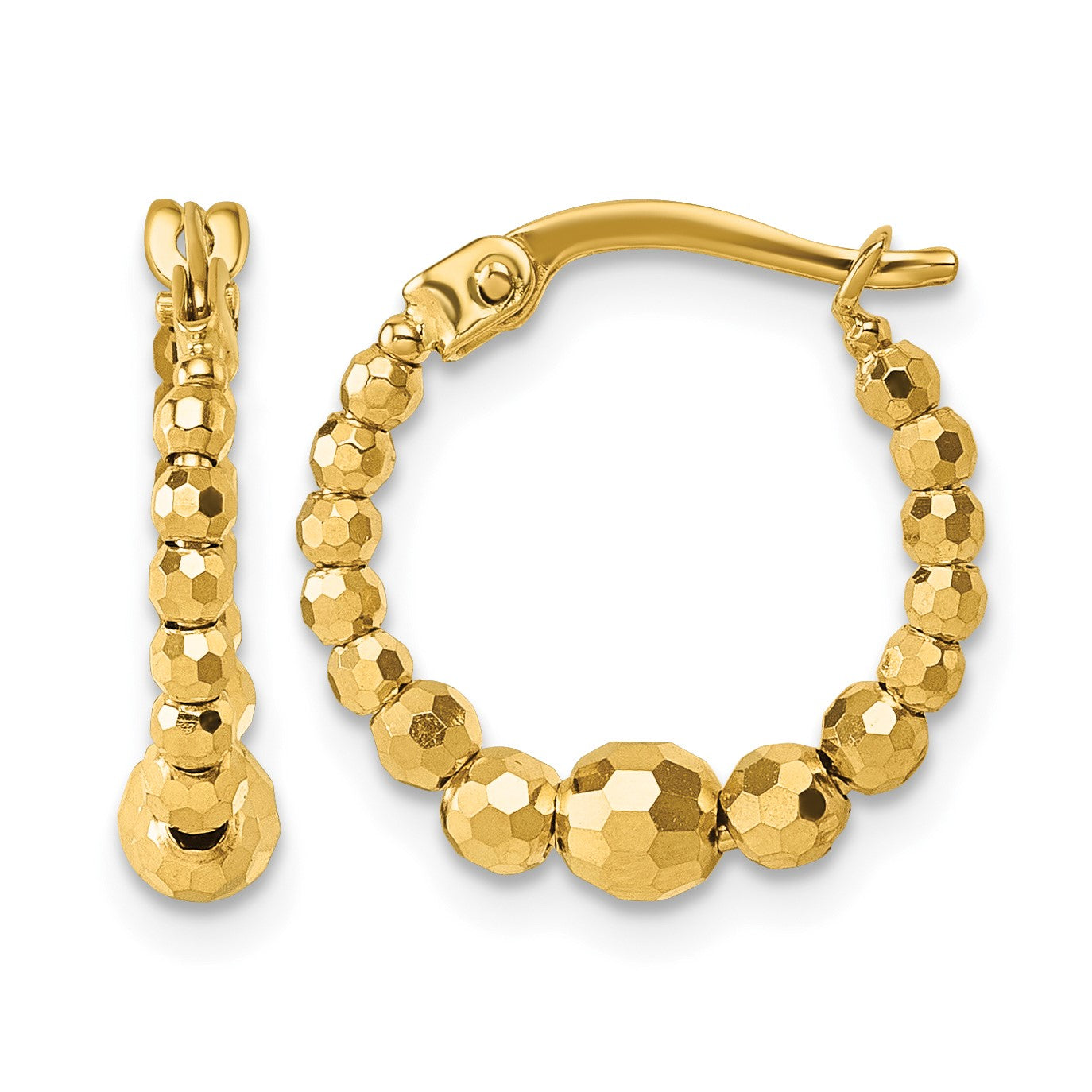 14k Polished Diamond-cut Graduated Beaded Hoop Earrings