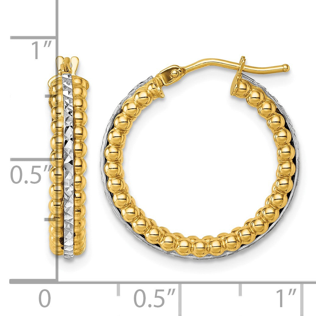 14k Two Tone Polished and Diamond-cut Beaded Hoop Earrings