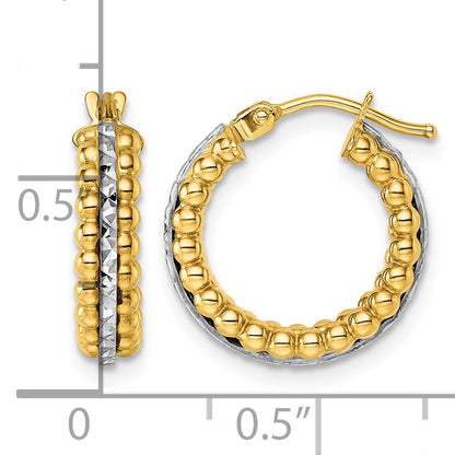 14k Two Tone Polished and Diamond-cut Beaded Hoop Earrings