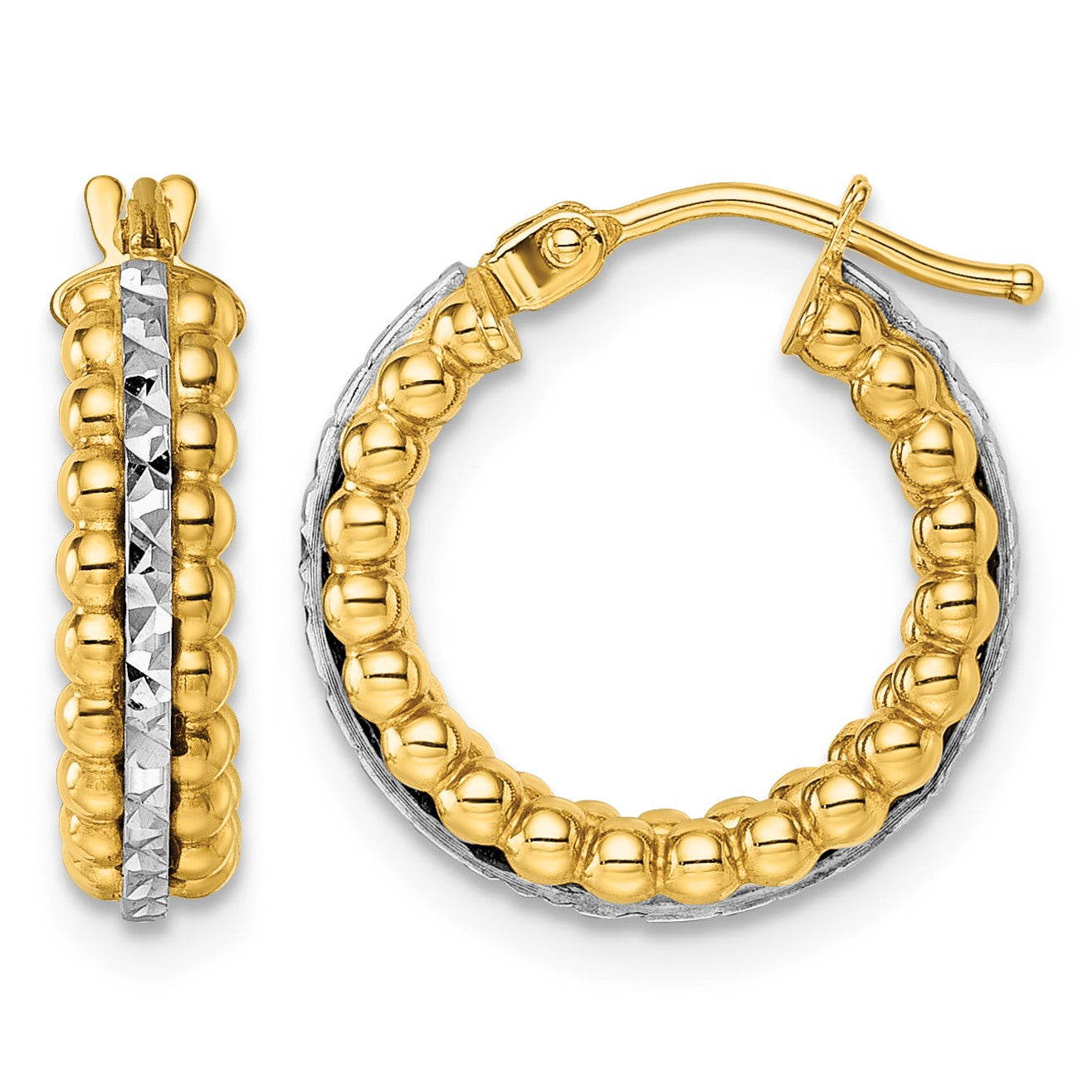 14k Two Tone Polished and Diamond-cut Beaded Hoop Earrings