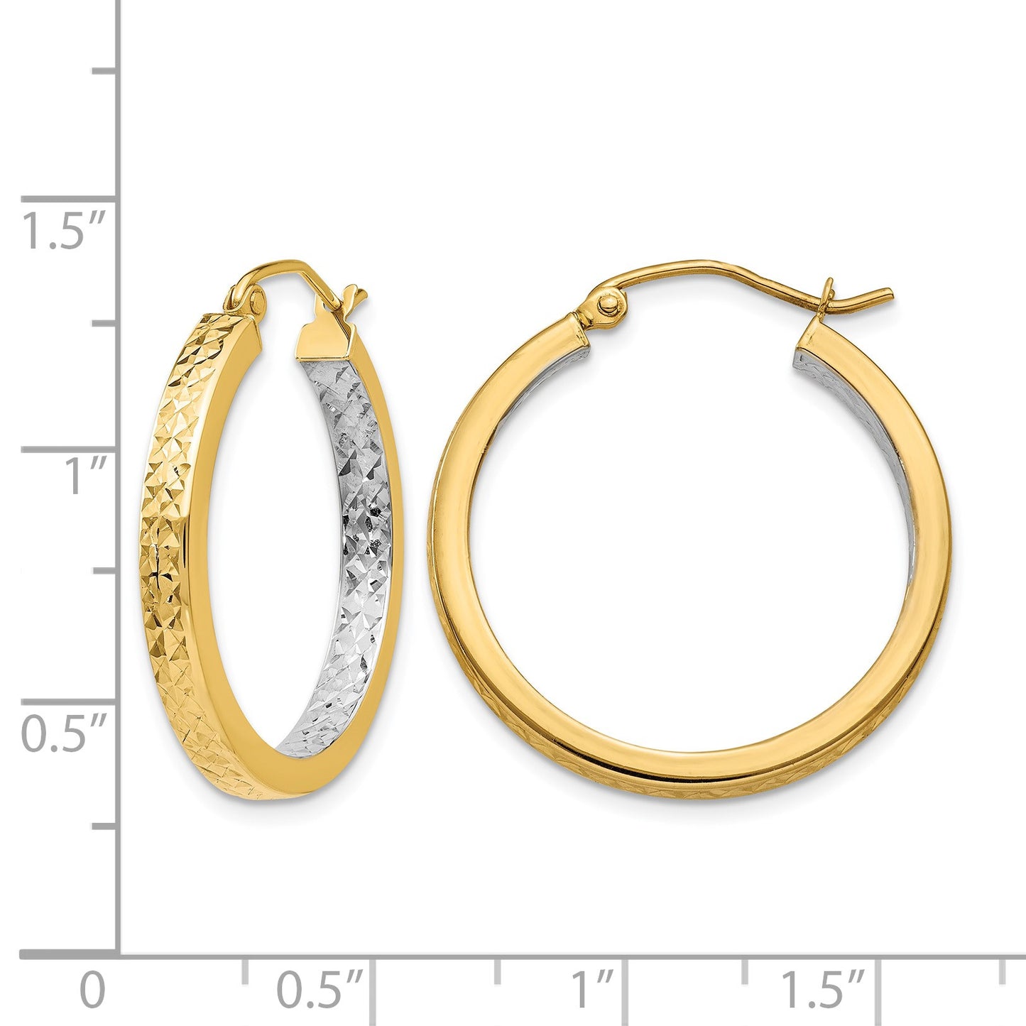 14k White Rhodium Light Square Diamond Cut Hoop Earrings
