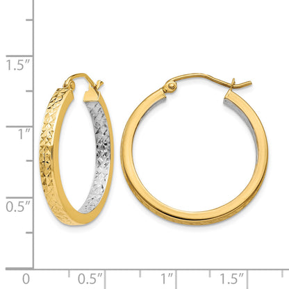 14k White Rhodium Light Square Diamond Cut Hoop Earrings