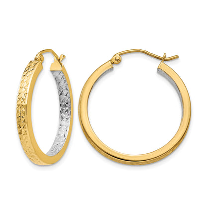 14k White Rhodium Light Square Diamond Cut Hoop Earrings