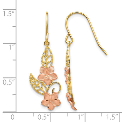 14K Two-tone Fancy Plumeria Dangle French Wire Earrings