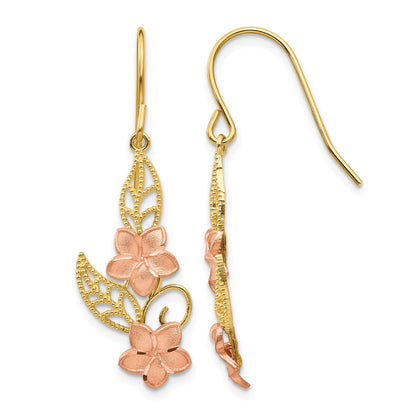 14K Two-tone Fancy Plumeria Dangle French Wire Earrings