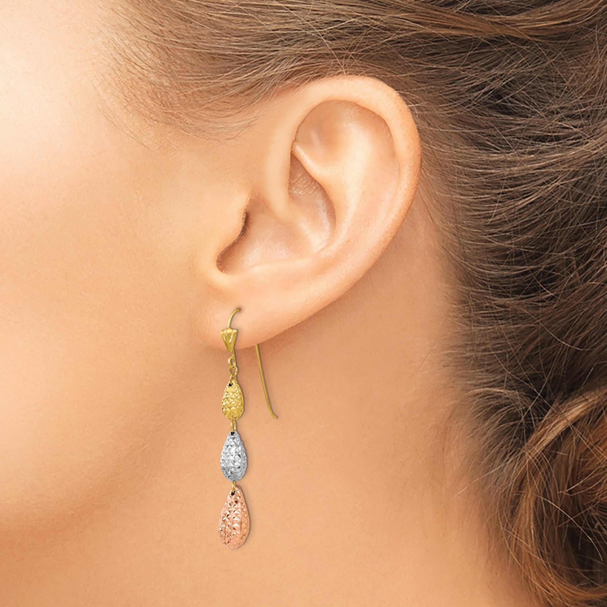 14k Tri-color Puffed Diamond-cut Teardrops Dangle French Hook Earrings