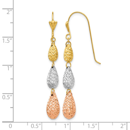 14k Tri-color Puffed Diamond-cut Teardrops Dangle French Hook Earrings
