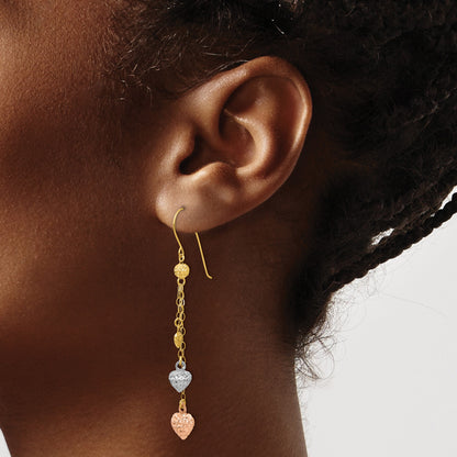 14k Tri-color Diamond-cut Puffed Heart and Chain Dangle French Hook Earrings