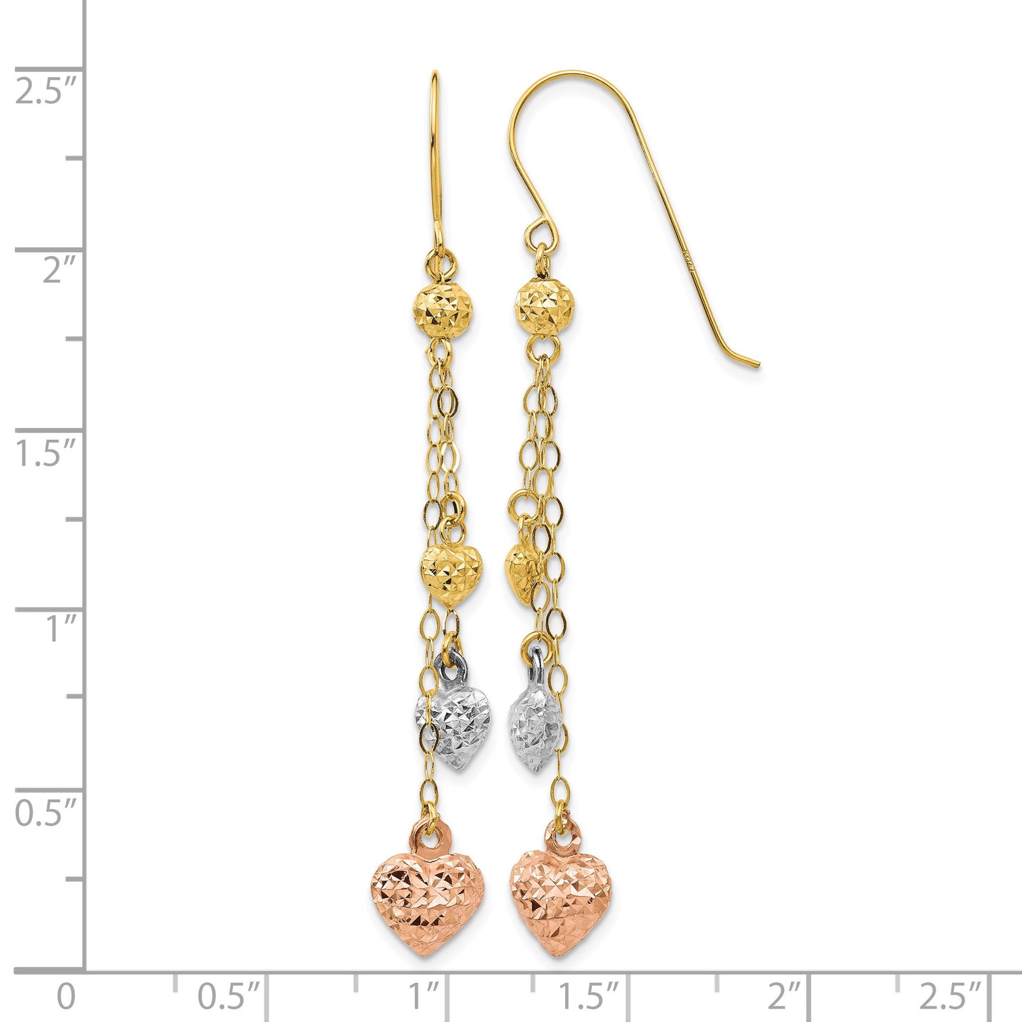 14k Tri-color Diamond-cut Puffed Heart and Chain Dangle French Hook Earrings