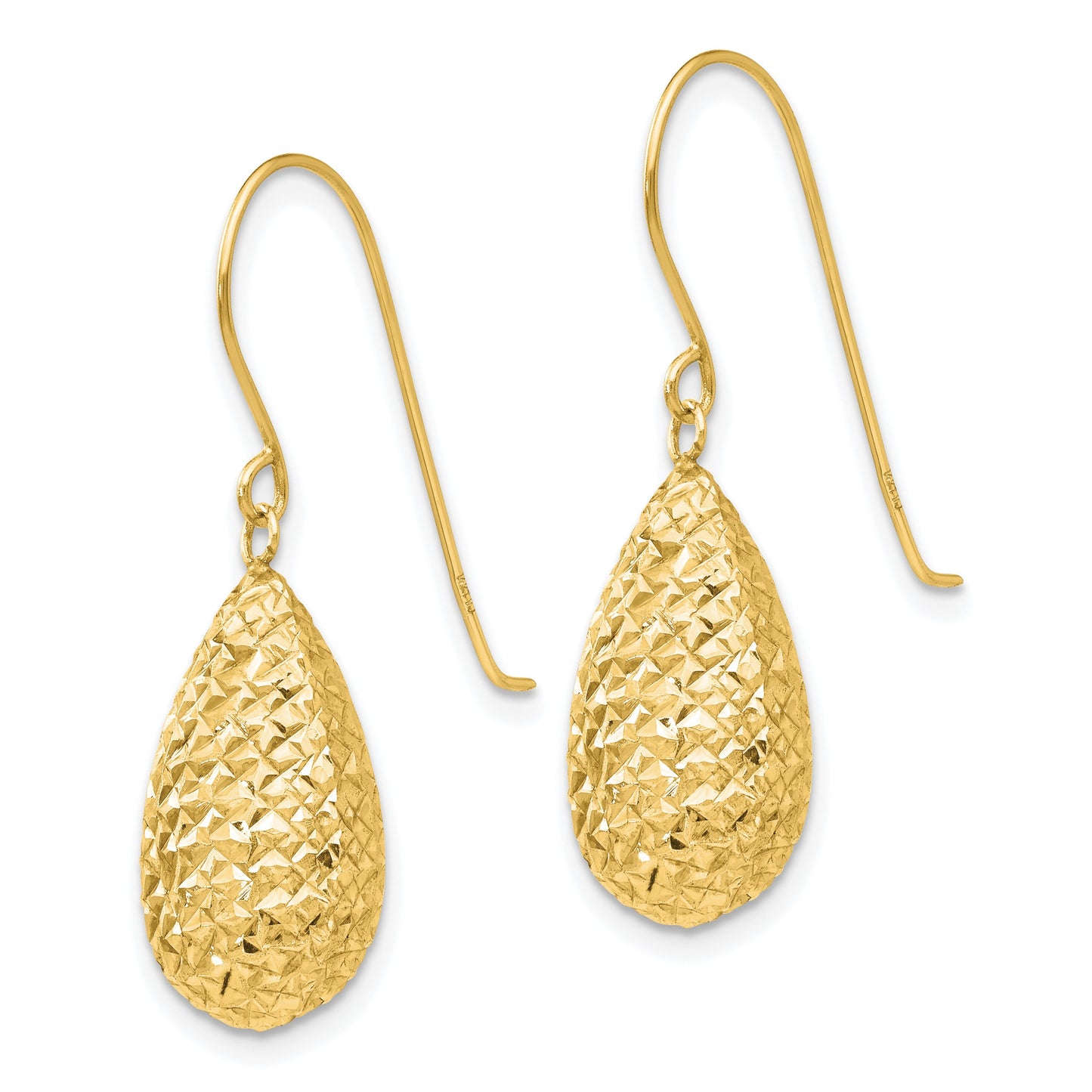 14k Textured Puffed Teardrop Dangle French Hook Earrings
