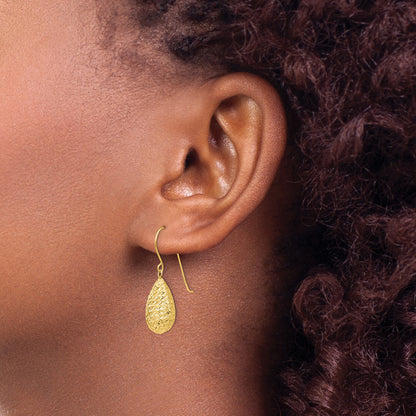 14k Textured Puffed Teardrop Dangle French Hook Earrings