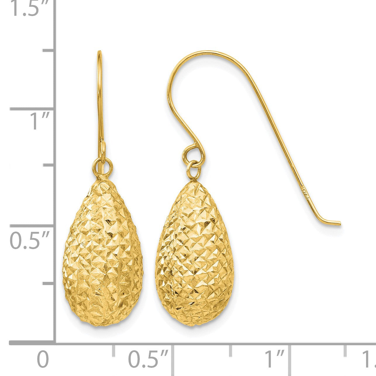 14k Textured Puffed Teardrop Dangle French Hook Earrings
