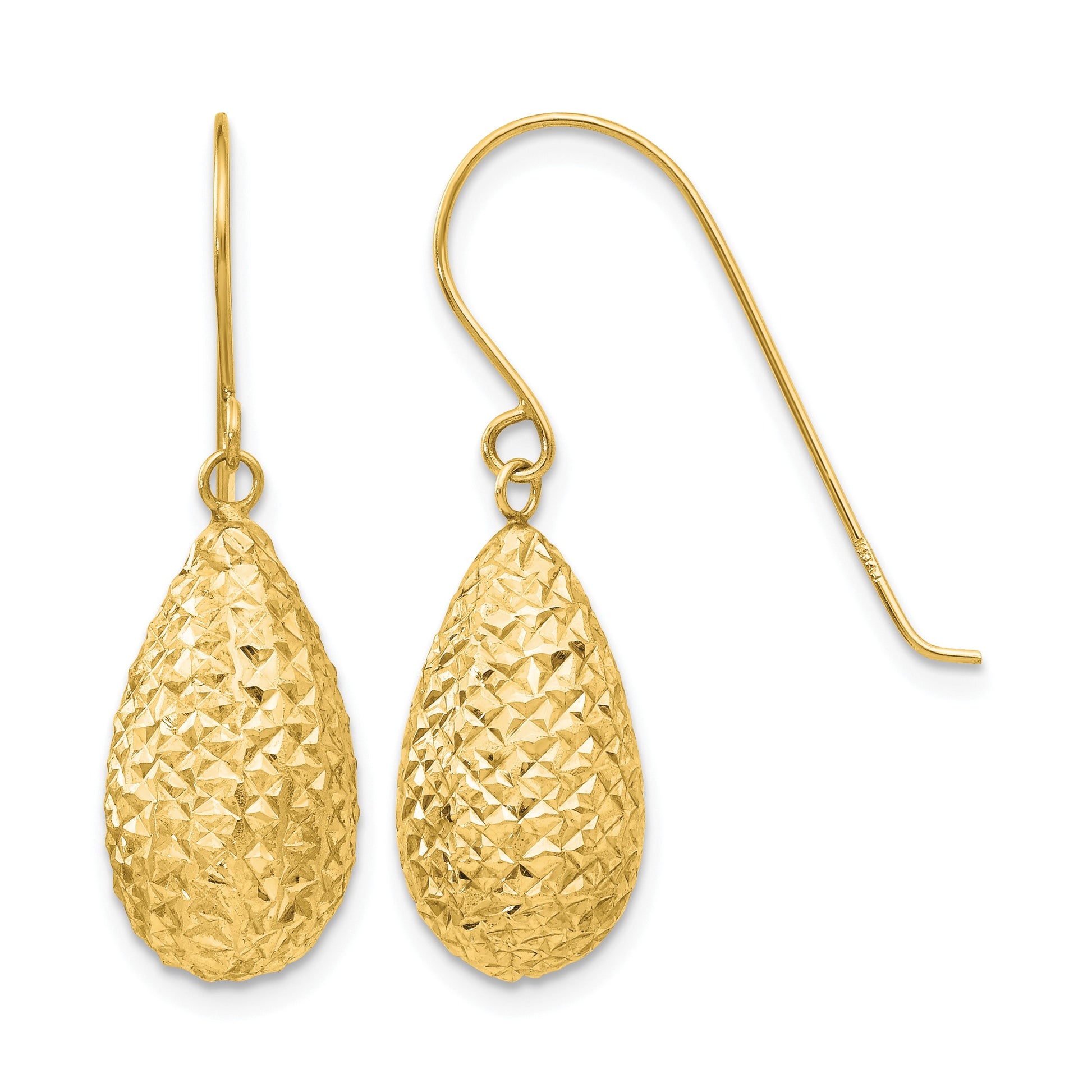 14k Textured Puffed Teardrop Dangle French Hook Earrings