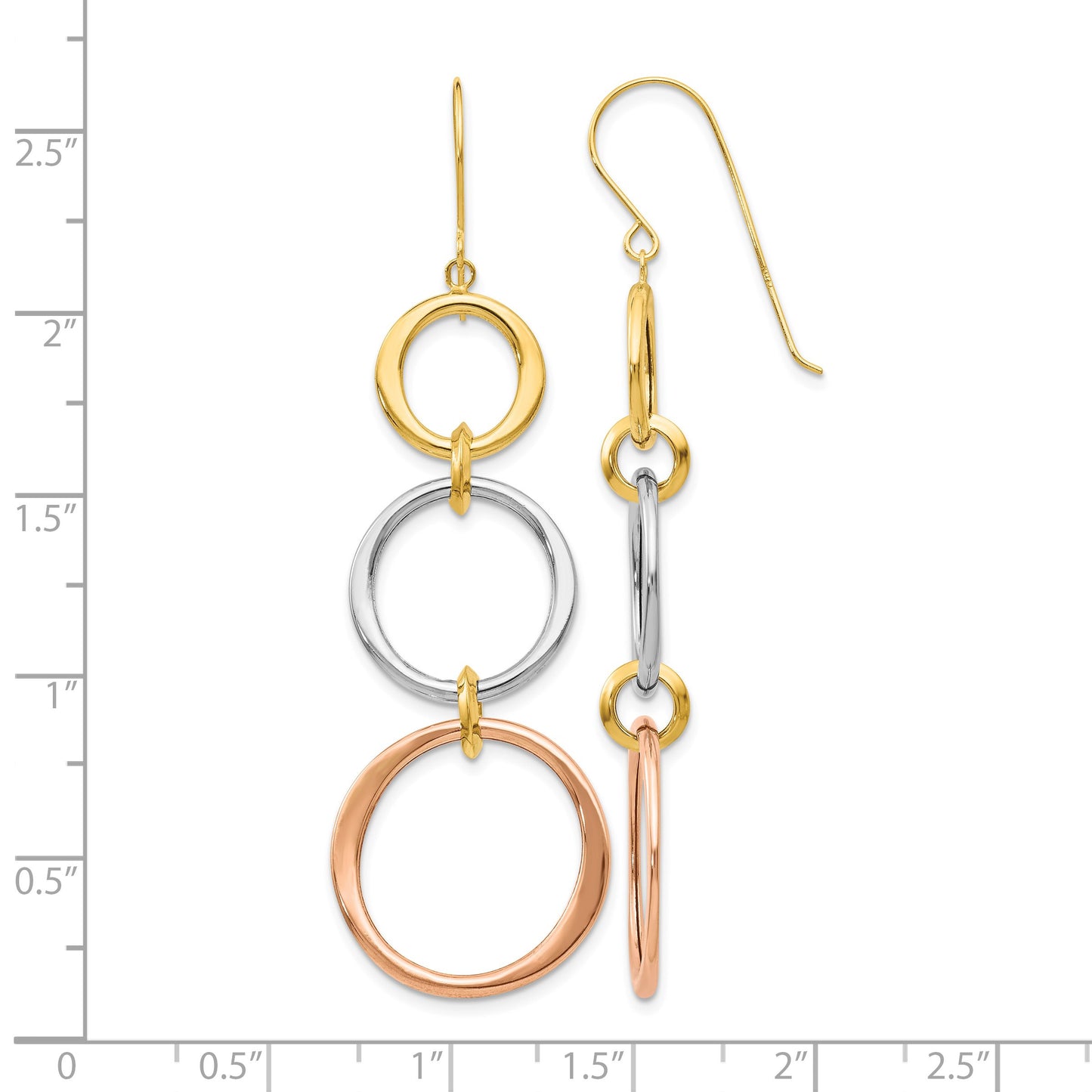 14k Tri-color Triple Graduated Circle Dangle French Hook Earrings