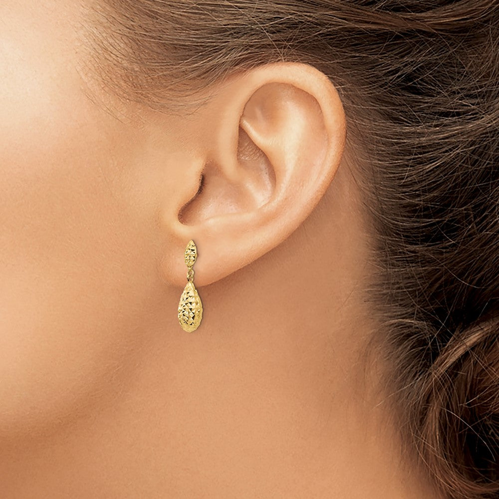 14k Diamond-cut Puff Teardrop Dangle Earrings