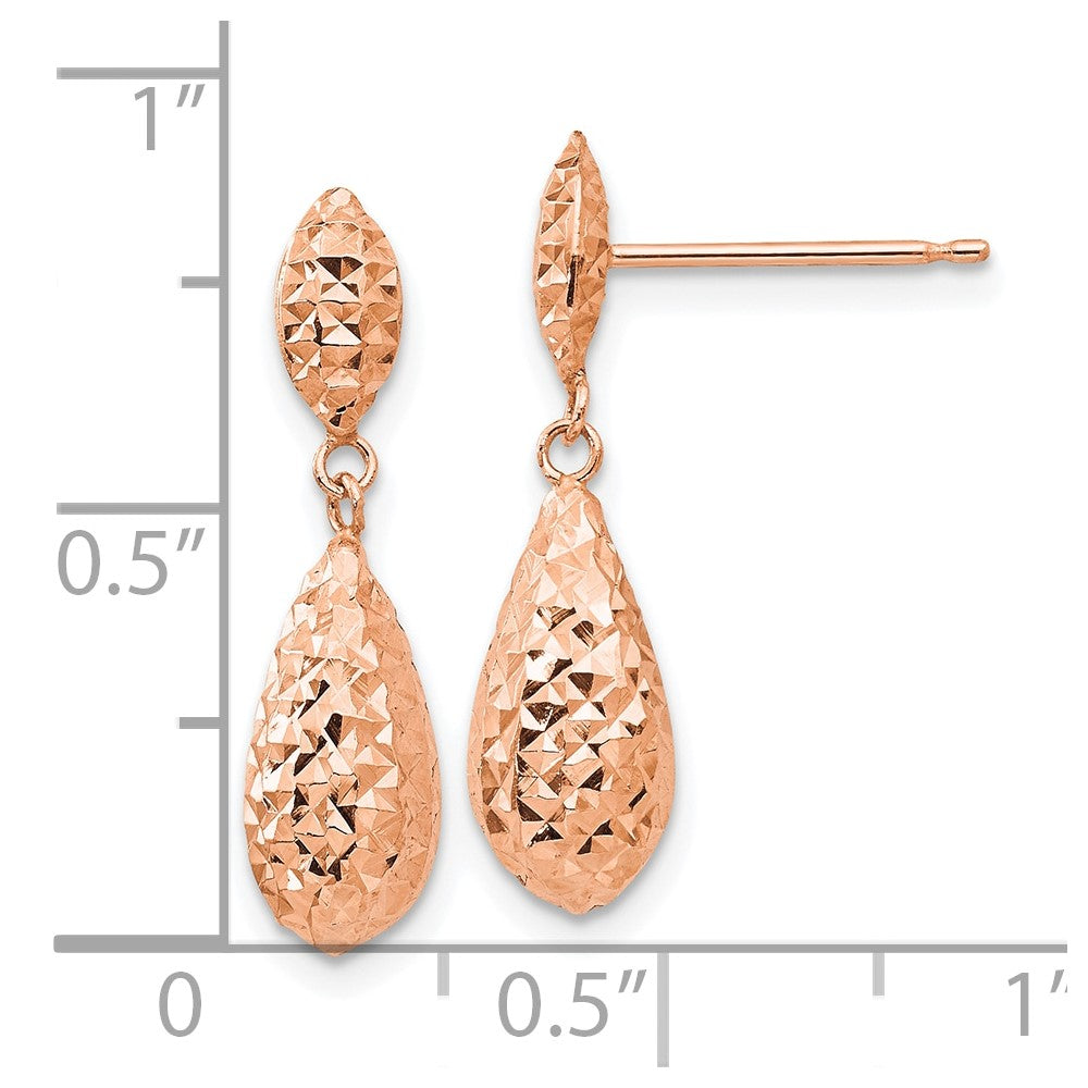 14k Rose Gold Diamond-cut Puff Teardrop Dangle Earrings