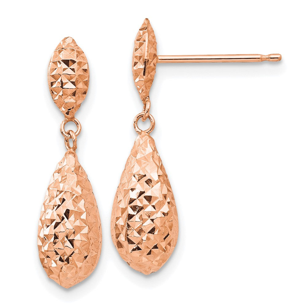 14k Rose Gold Diamond-cut Puff Teardrop Dangle Earrings