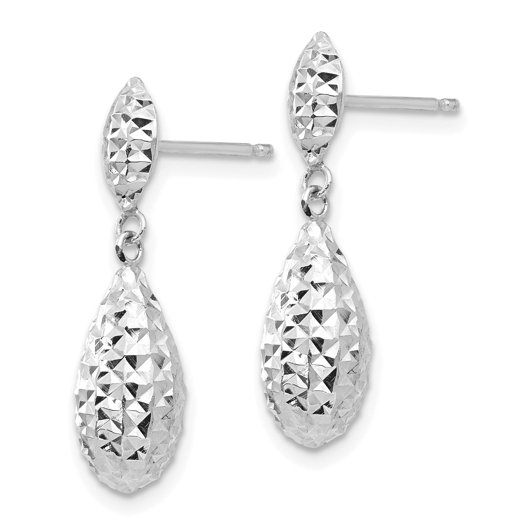 14k White Gold Diamond-cut Puffed Teardrop Dangle Post Earrings