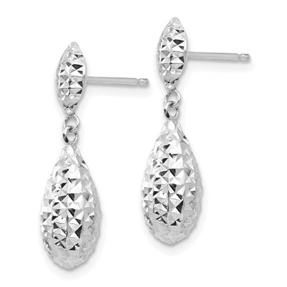 14k White Gold Diamond-cut Puffed Teardrop Dangle Post Earrings