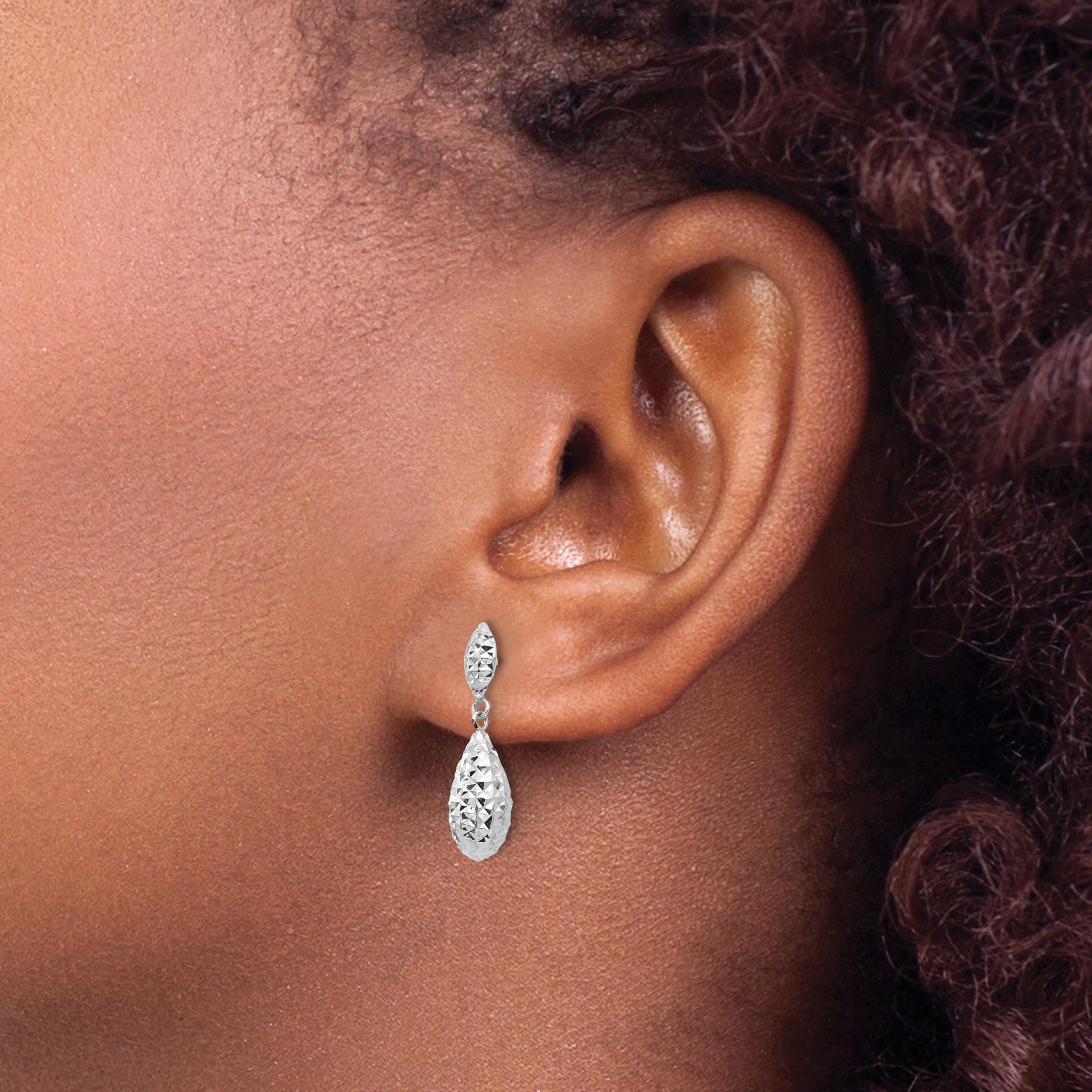 14k White Gold Diamond-cut Puffed Teardrop Dangle Post Earrings