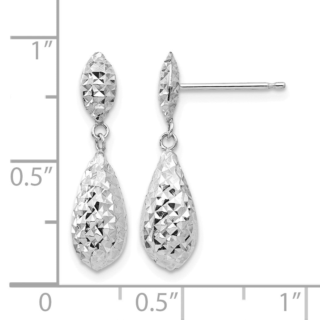 14k White Gold Diamond-cut Puffed Teardrop Dangle Post Earrings