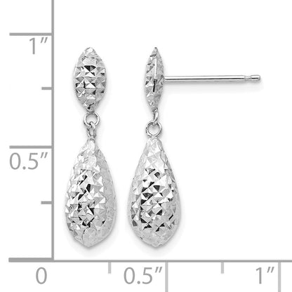 14k White Gold Diamond-cut Puffed Teardrop Dangle Post Earrings