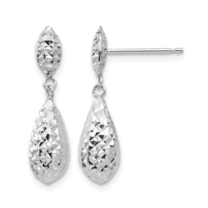 14k White Gold Diamond-cut Puffed Teardrop Dangle Post Earrings