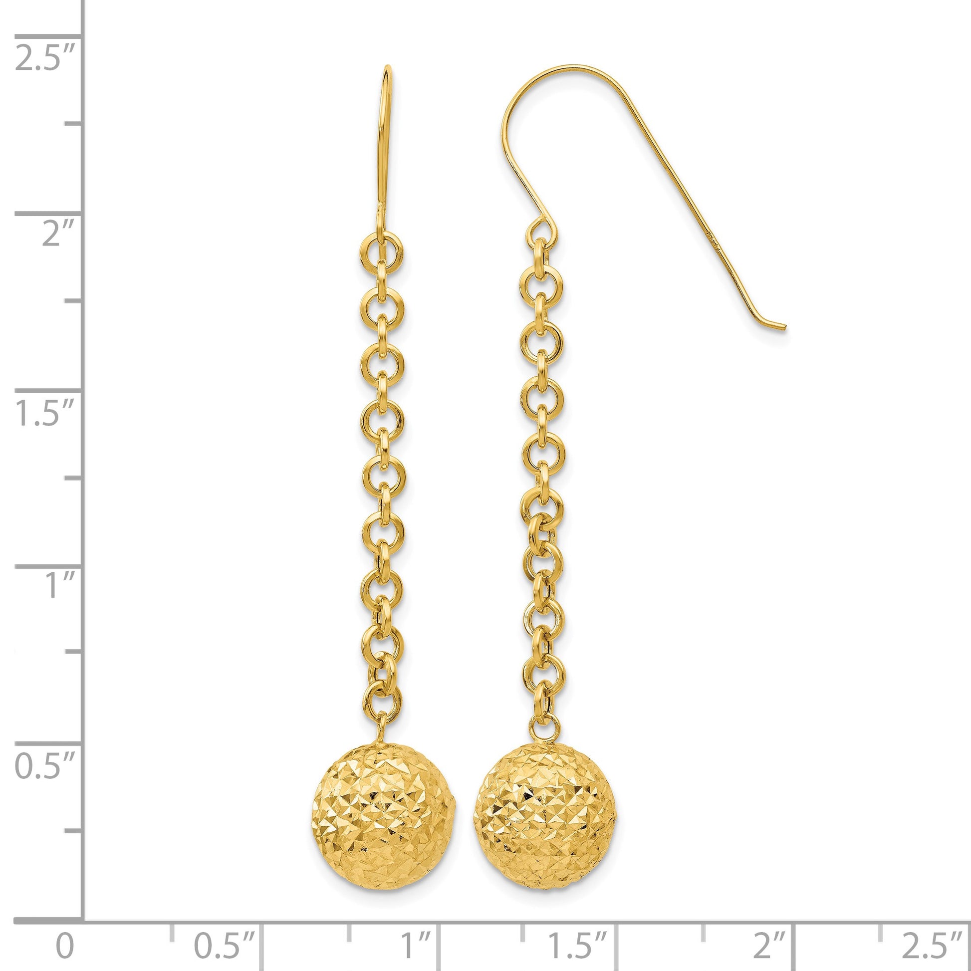 14k Diamond-cut 10mm Hollow Bead and Chain Dangle French Hook Earrings