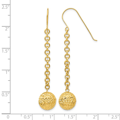 14k Diamond-cut 10mm Hollow Bead and Chain Dangle French Hook Earrings