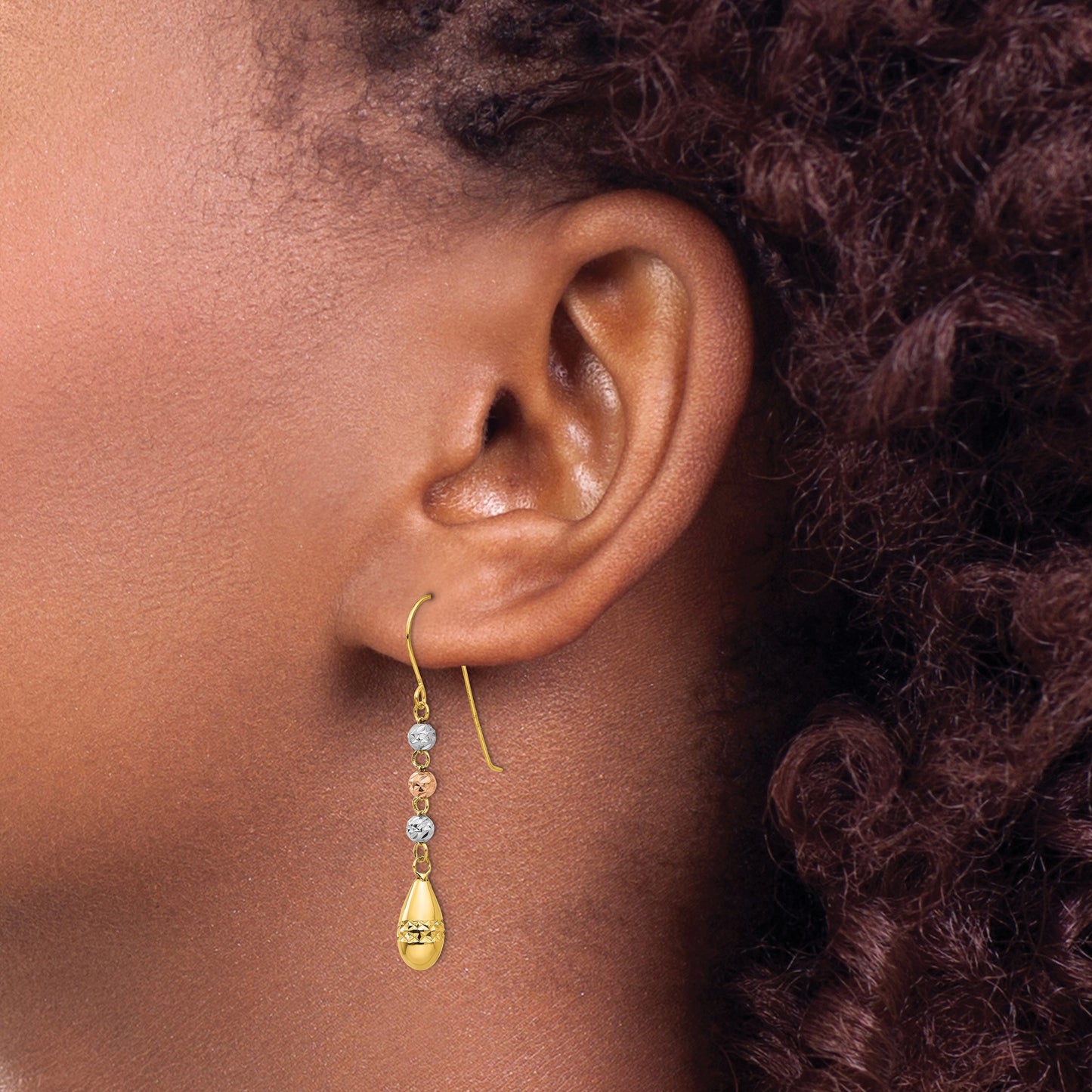 14k Tri-color Diamond-cut Puffed Teardrop Beaded Dangle French Hook Earrings