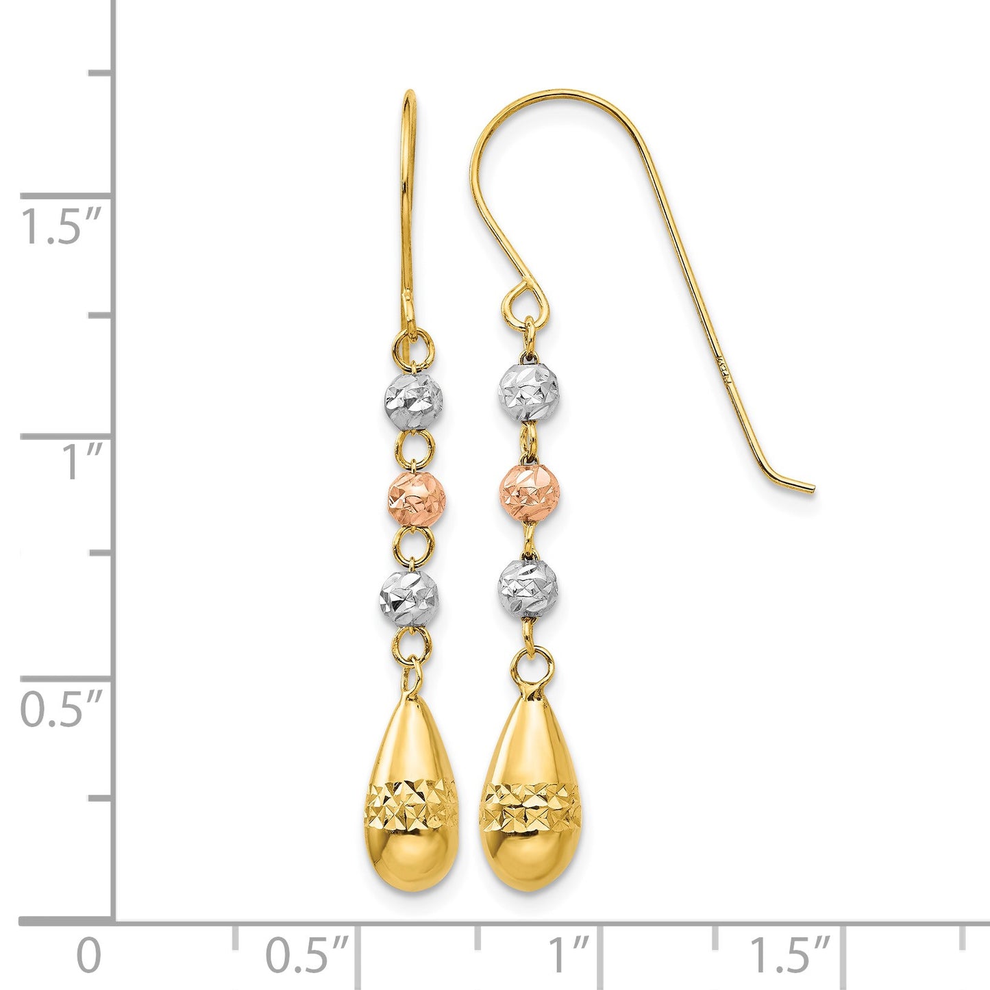 14k Tri-color Diamond-cut Puffed Teardrop Beaded Dangle French Hook Earrings