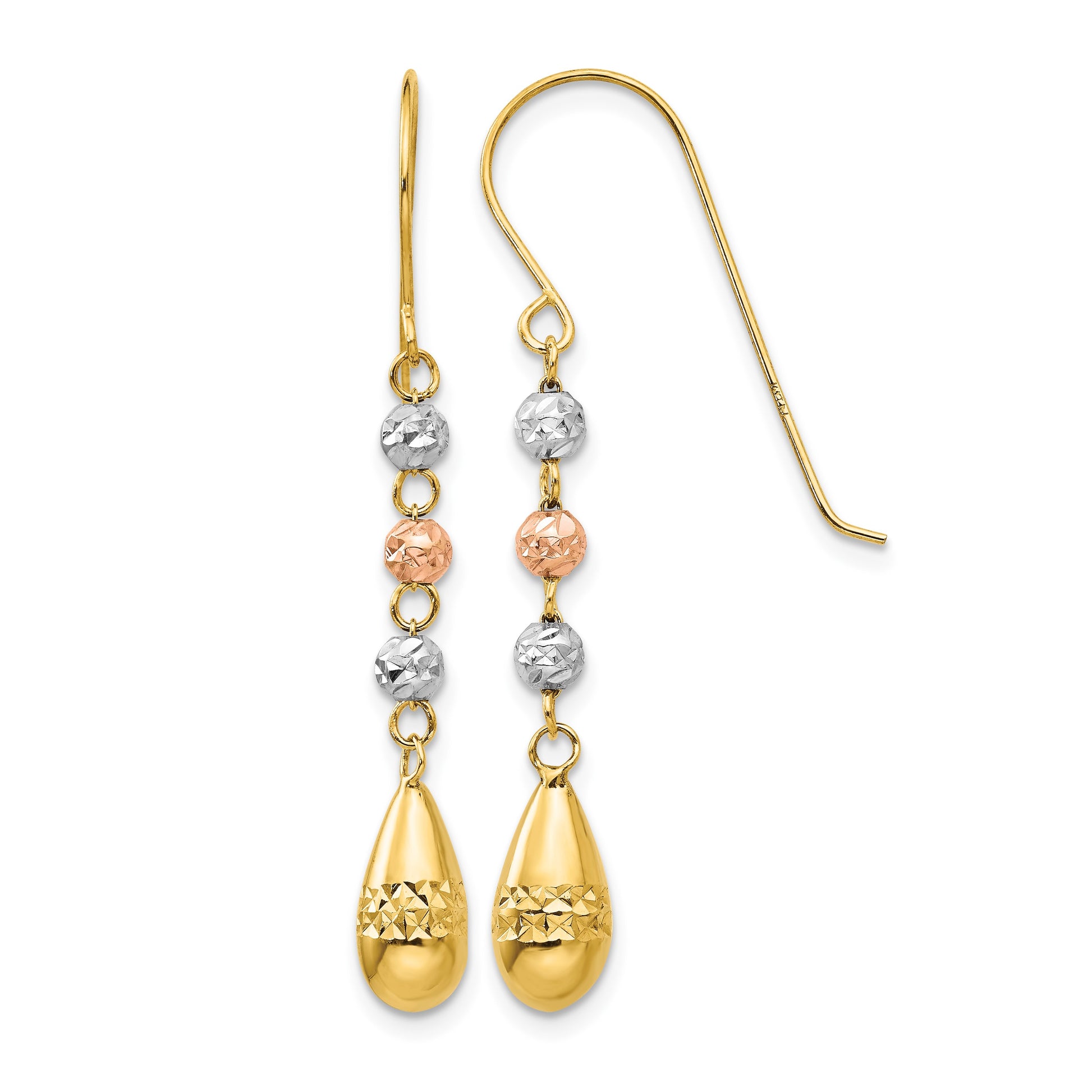 14k Tri-color Diamond-cut Puffed Teardrop Beaded Dangle French Hook Earrings