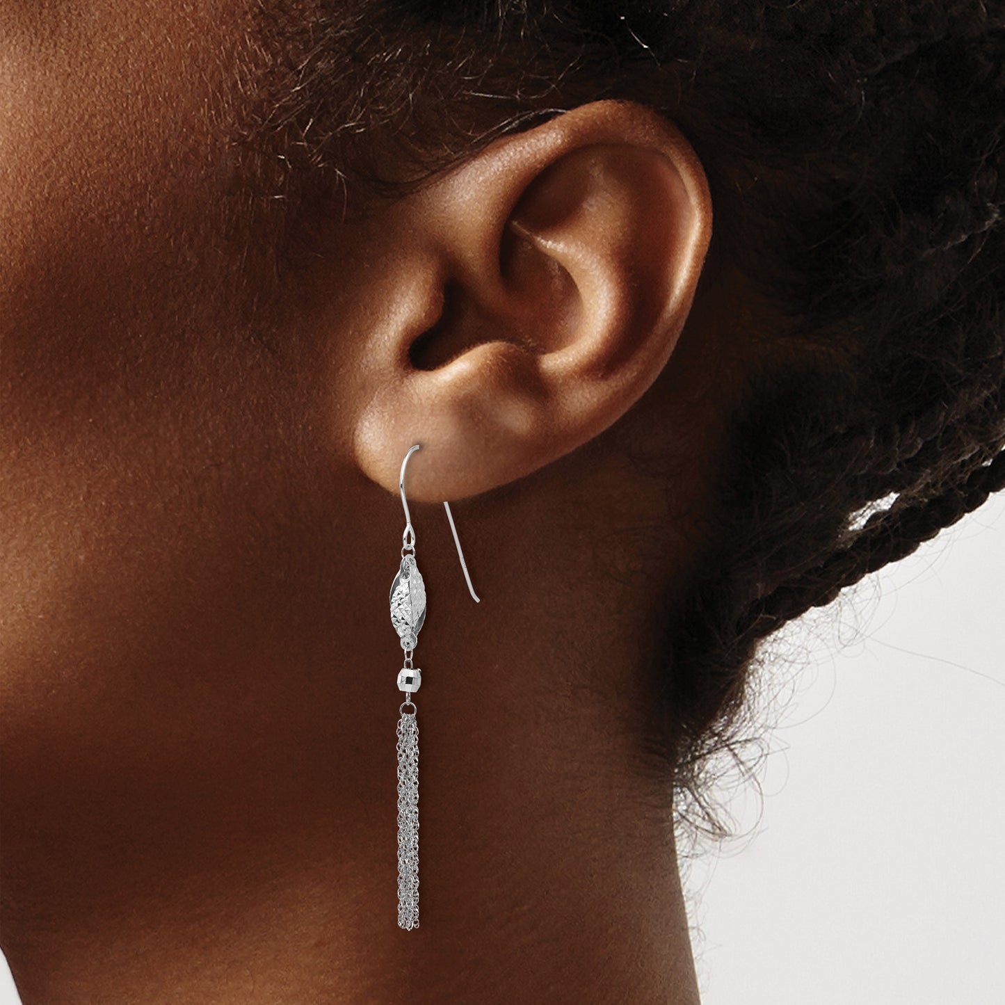 14k White Gold Bead and Chain Tassel Dangle French Hook Earrings