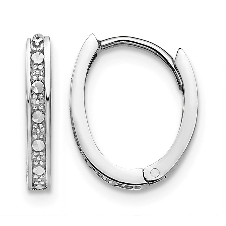 14k White Gold Diamond-cut Oval Hinged Hoop Earrings