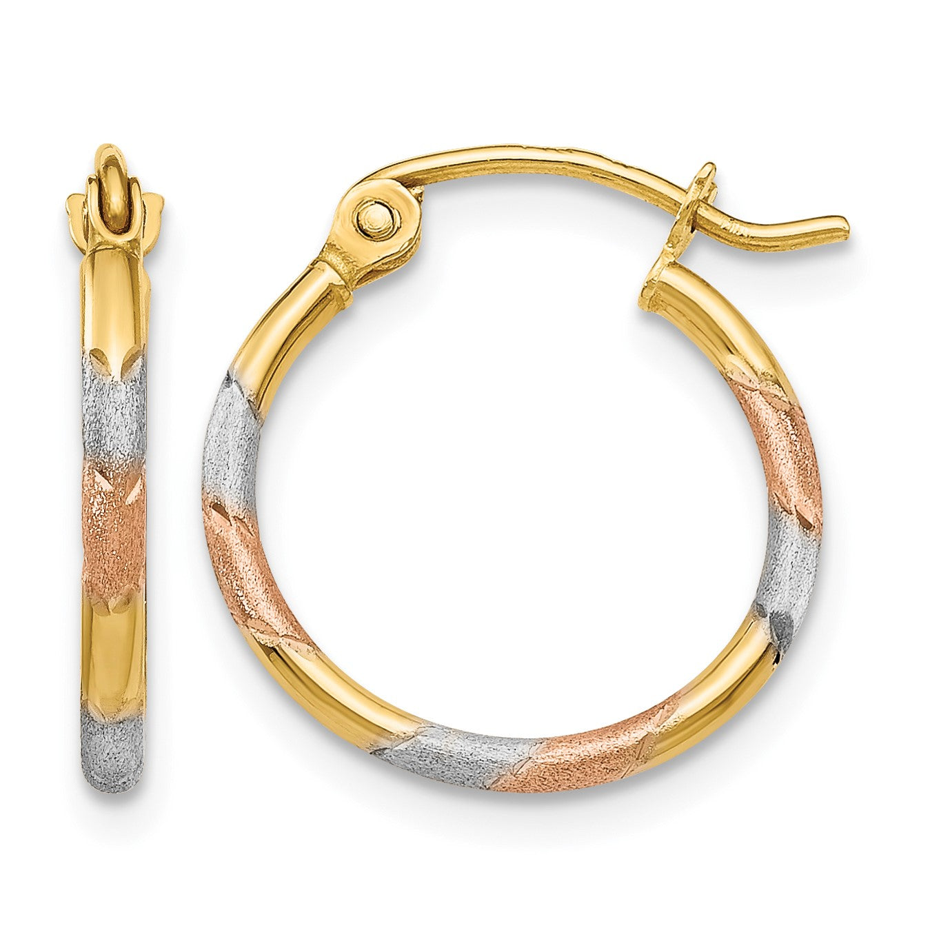 14K w/White and Rose Rhodium 1.5mm Satin & D/C Hoop Earrings