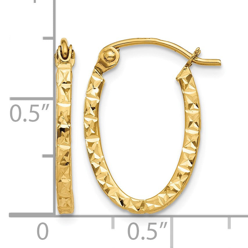 14K Diamond Cut Oval Hollow Hoop Earrings