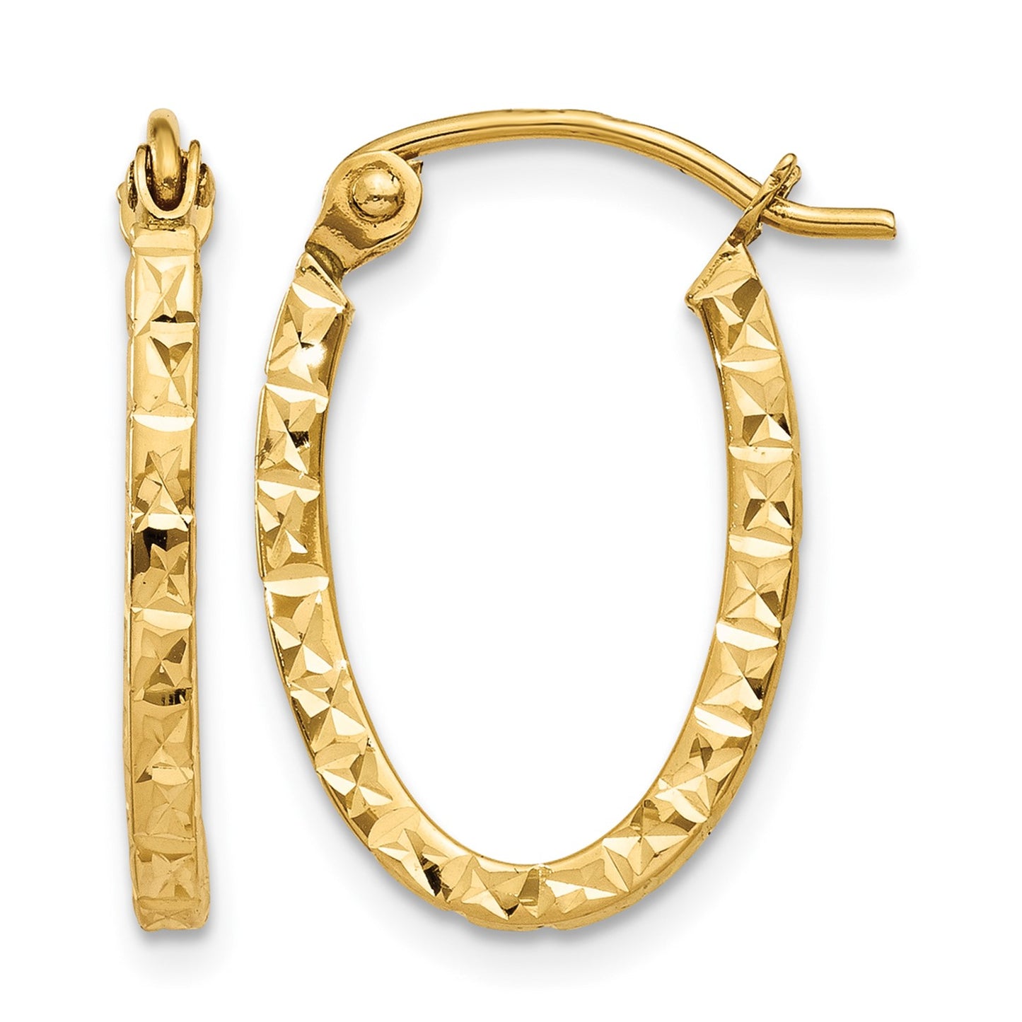 14K Diamond Cut Oval Hollow Hoop Earrings
